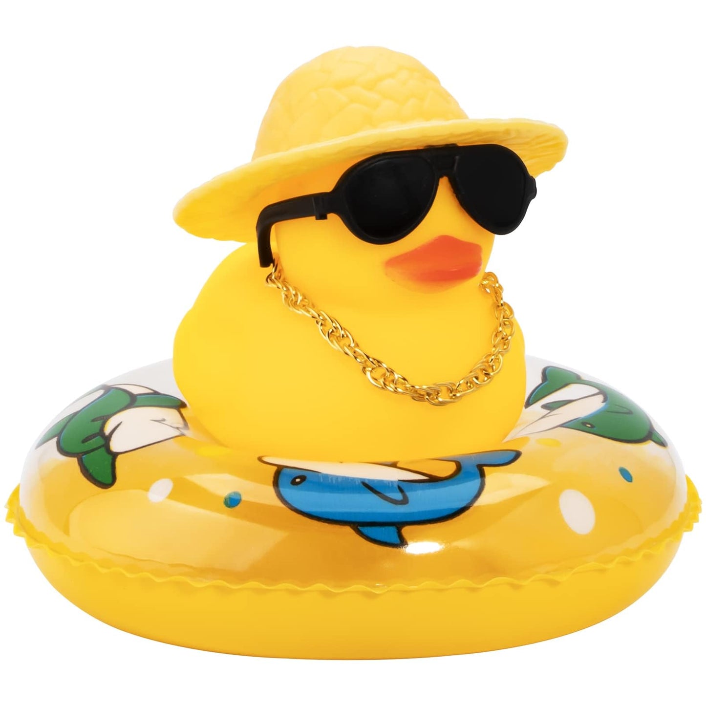Car Rubber Duck, Yellow Duck Decoration Dashboard with Sun Hat Swim Ring Necklace Sunglasses for Car Dashboard Decorations