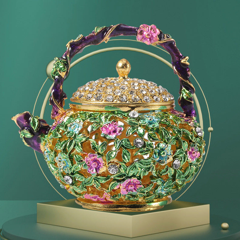 Floral enamel teapot trinket box with purple handle