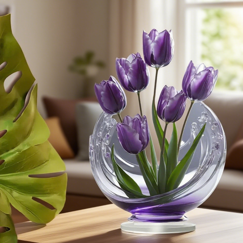 Violeta purple tulip 2D acrylic tabletop ornament in a living room setting