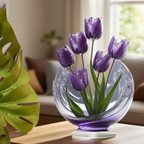 Violeta purple tulip 2D acrylic tabletop ornament in a living room setting
