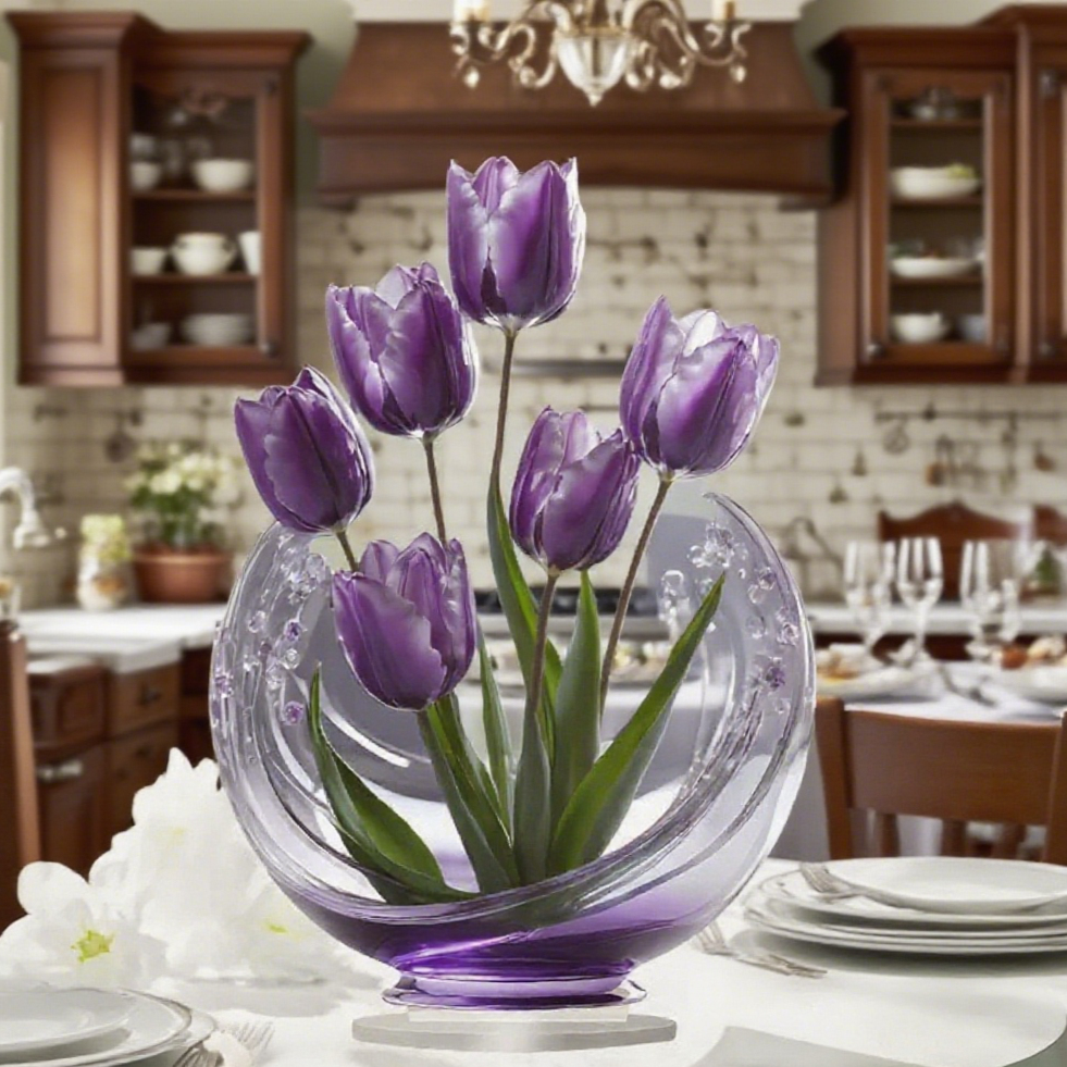 Violeta purple tulip acrylic ornament in a dining room setting