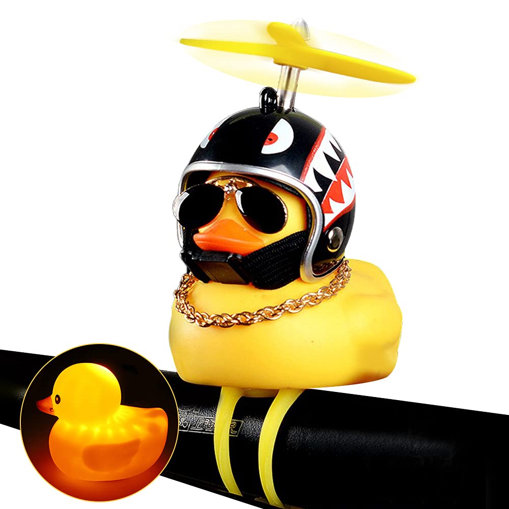 Rubber Duck Toy Car Ornaments Yellow Duck Car Dashboard Decorations Squeeze Duck Bicycle Horns with Propeller Helmet