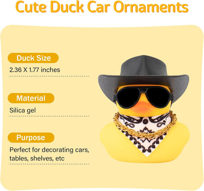 Car Rubber Duck, Yellow Duck Decoration Dashboard with Sun Hat Necklace Sunglasses for Car Dashboard Decorations, C-Duck-Black Cowboy Hat-Scarf