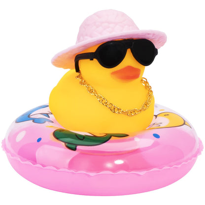 Car Rubber Duck, Yellow Duck Decoration Dashboard with Sun Hat Swim Ring Necklace Sunglasses for Car Dashboard Decorations
