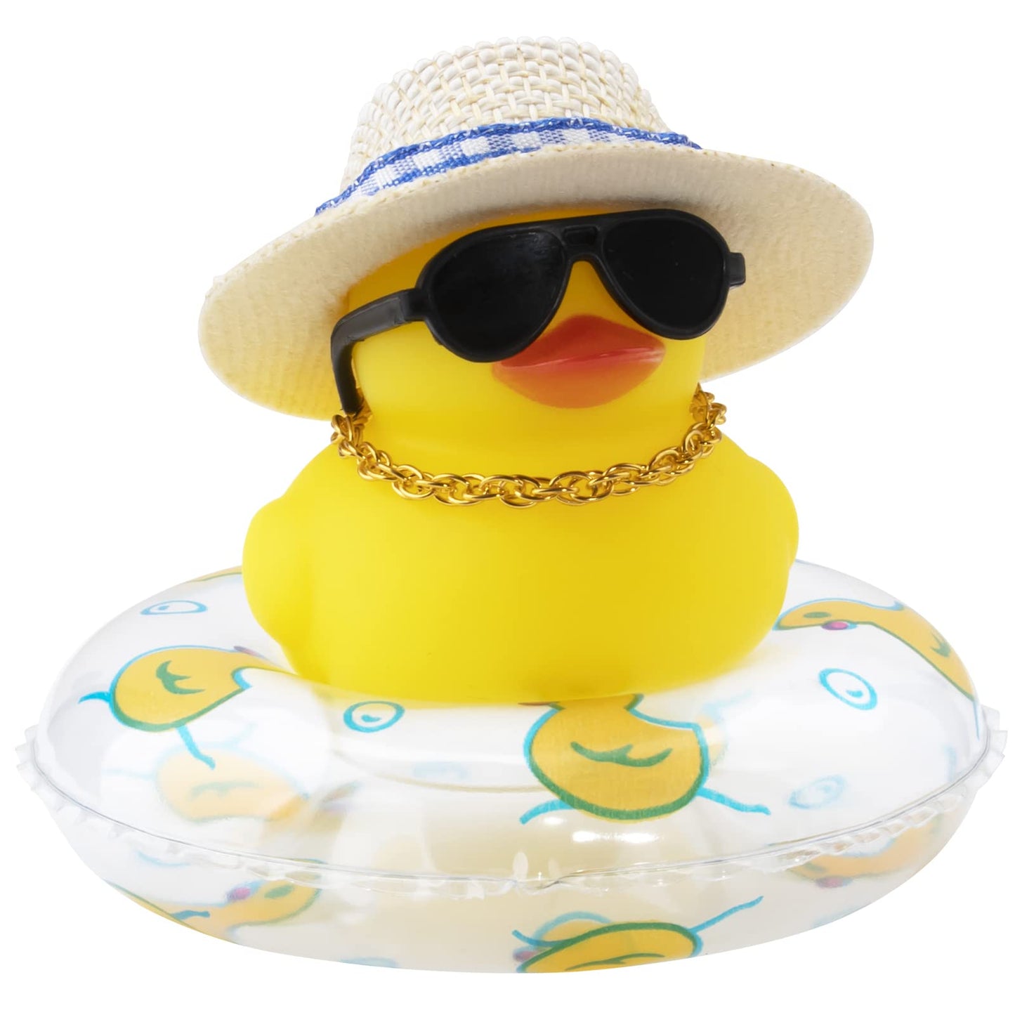 Car Rubber Duck, Yellow Duck Decoration Dashboard with Sun Hat Swim Ring Necklace Sunglasses for Car Dashboard Decorations