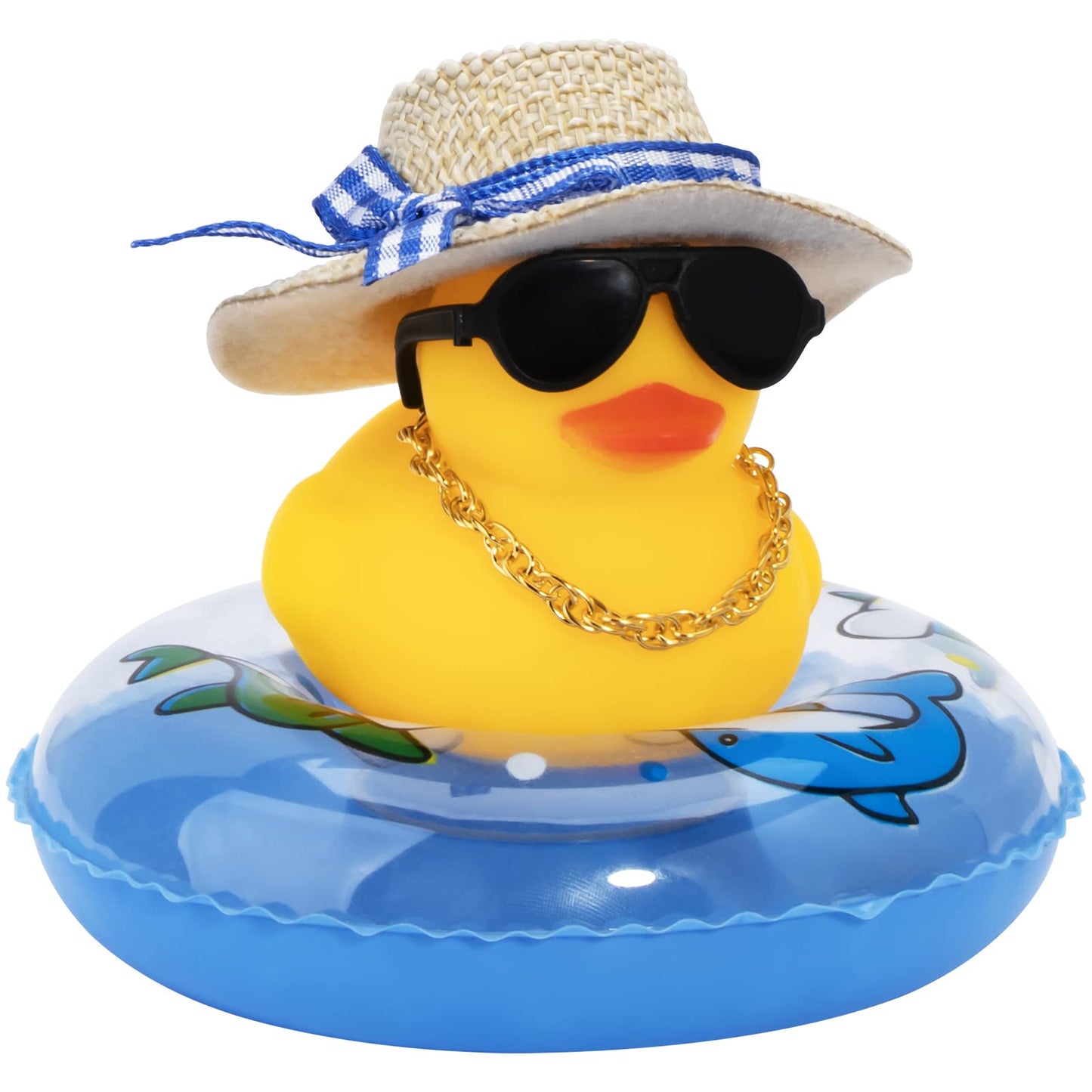Car Rubber Duck, Yellow Duck Decoration Dashboard with Sun Hat Swim Ring Necklace Sunglasses for Car Dashboard Decorations