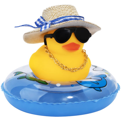 Car Rubber Duck, Yellow Duck Decoration Dashboard with Sun Hat Swim Ring Necklace Sunglasses for Car Dashboard Decorations
