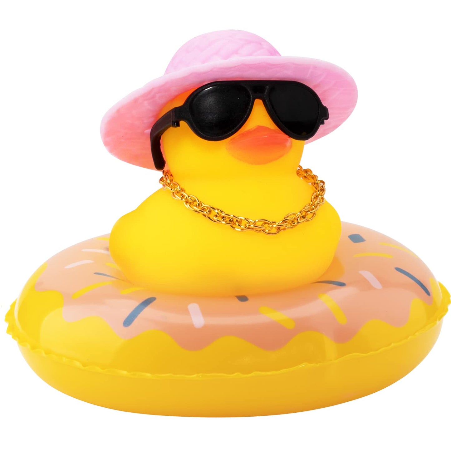 Car Rubber Duck, Yellow Duck Decoration Dashboard with Sun Hat Swim Ring Necklace Sunglasses for Car Dashboard Decorations