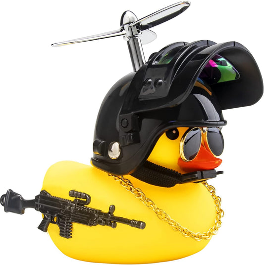 Rubber Duck Car Ornaments Cool Yellow Duck Car Dashboard Decorations Squeaky Glasses Duck with Propeller Helmet for Car ccessories Dashboard (Full_Black-Yellow G)