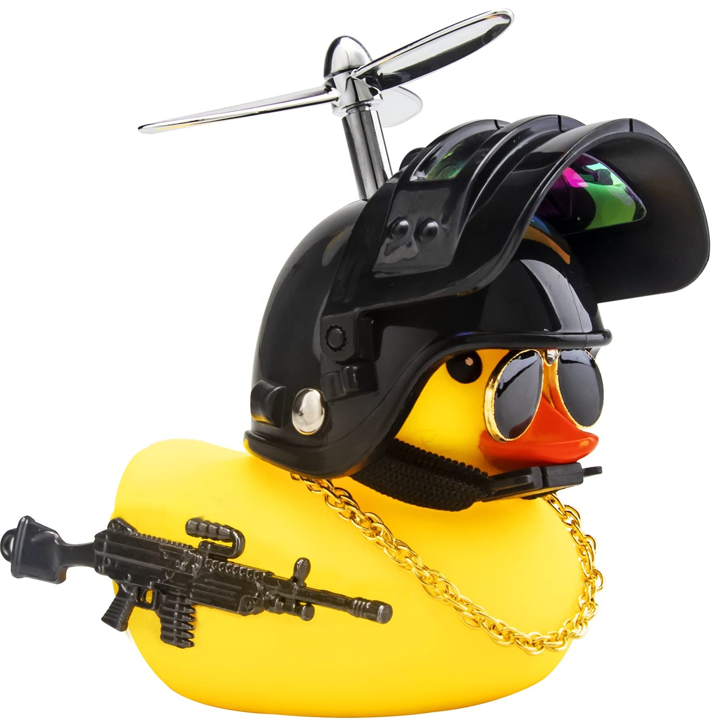 Rubber Duck Car Ornaments Cool Yellow Duck Car Dashboard Decorations Squeaky Glasses Duck with Propeller Helmet for Car ccessories Dashboard (Full_Black-Yellow G)