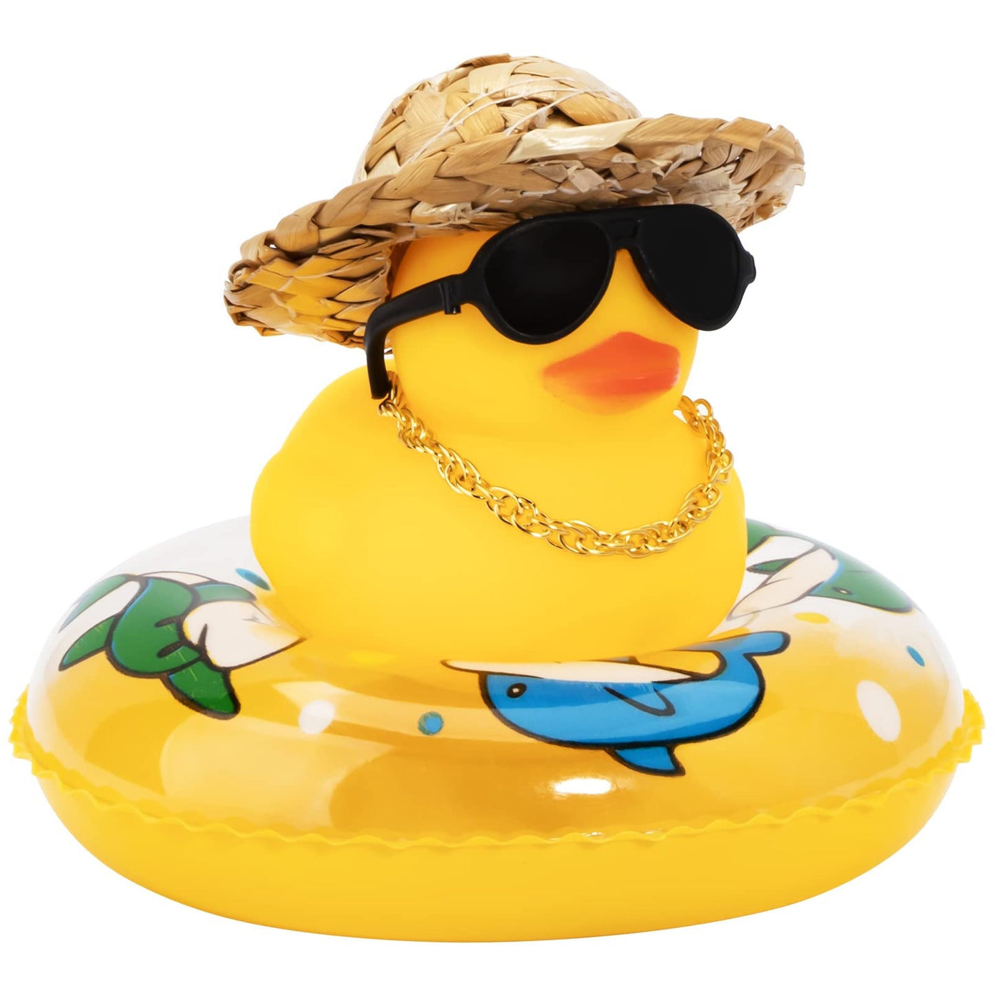Car Rubber Duck, Yellow Duck Decoration Dashboard with Sun Hat Swim Ring Necklace Sunglasses for Car Dashboard Decorations