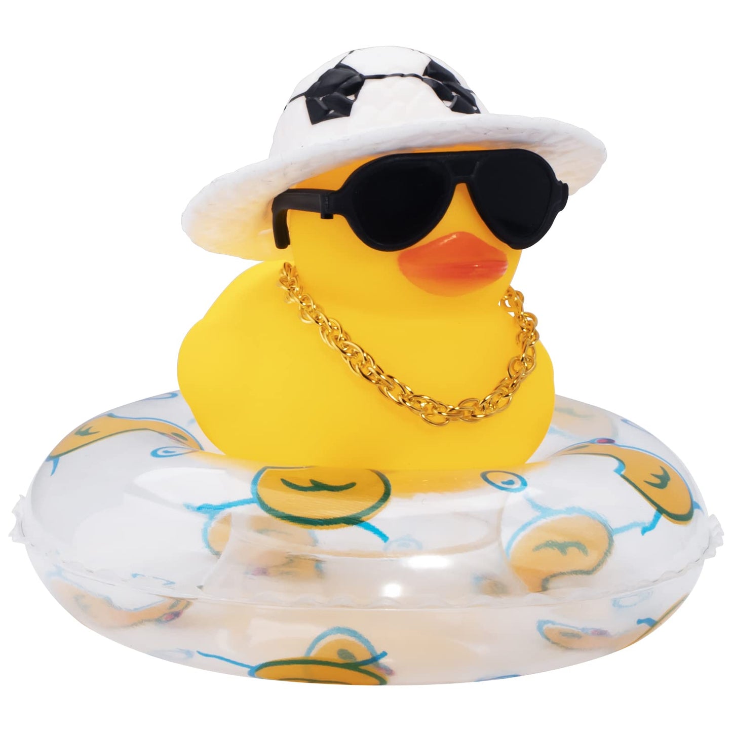 Car Rubber Duck, Yellow Duck Decoration Dashboard with Sun Hat Swim Ring Necklace Sunglasses for Car Dashboard Decorations