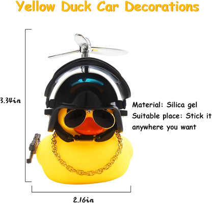 Rubber Duck Car Ornaments Cool Yellow Duck Car Dashboard Decorations Squeaky Glasses Duck with Propeller Helmet for Car ccessories Dashboard (Full_Black-Yellow G)