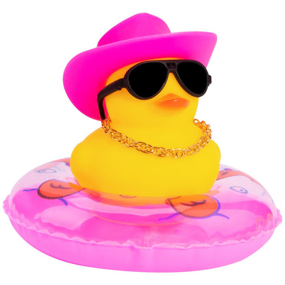 Car Rubber Duck, Yellow Duck Decoration Dashboard with Sun Hat Swim Ring Necklace Sunglasses for Car Dashboard Decorations