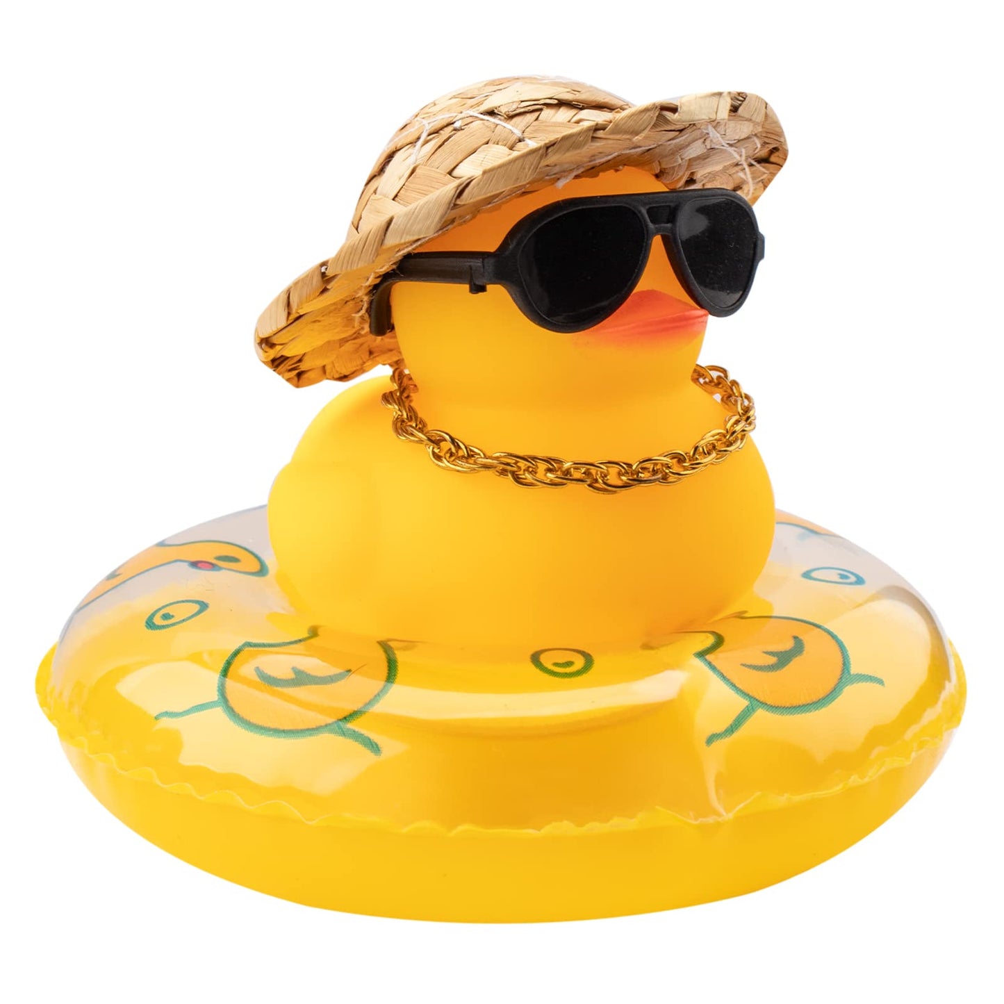 Car Rubber Duck, Yellow Duck Decoration Dashboard with Sun Hat Swim Ring Necklace Sunglasses for Car Dashboard Decorations