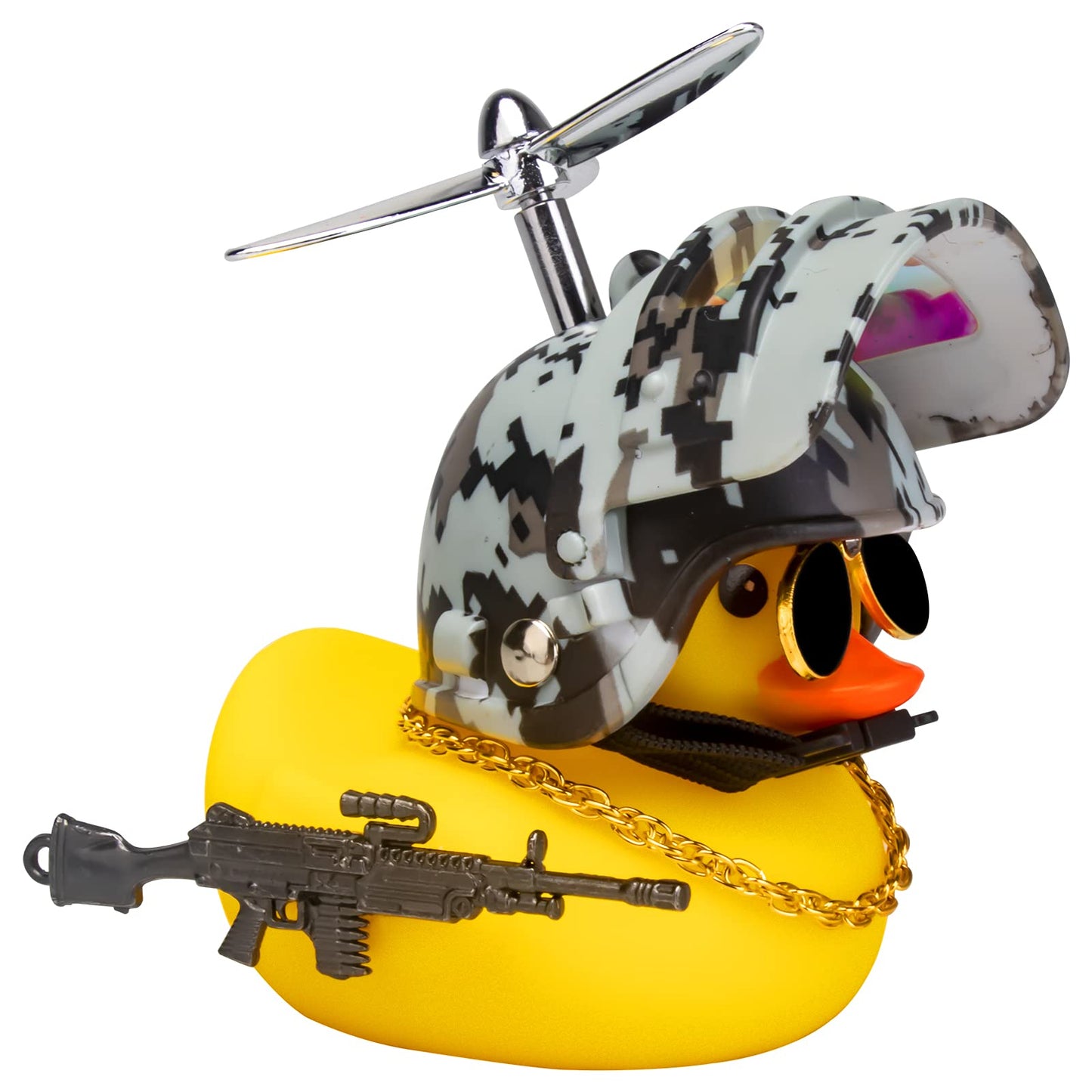 Rubber Duck Car Ornaments Cool Yellow Duck Car Dashboard Decorations Squeaky Glasses Duck with Propeller Helmet for Car ccessories Dashboard (Full_Black-Yellow G)