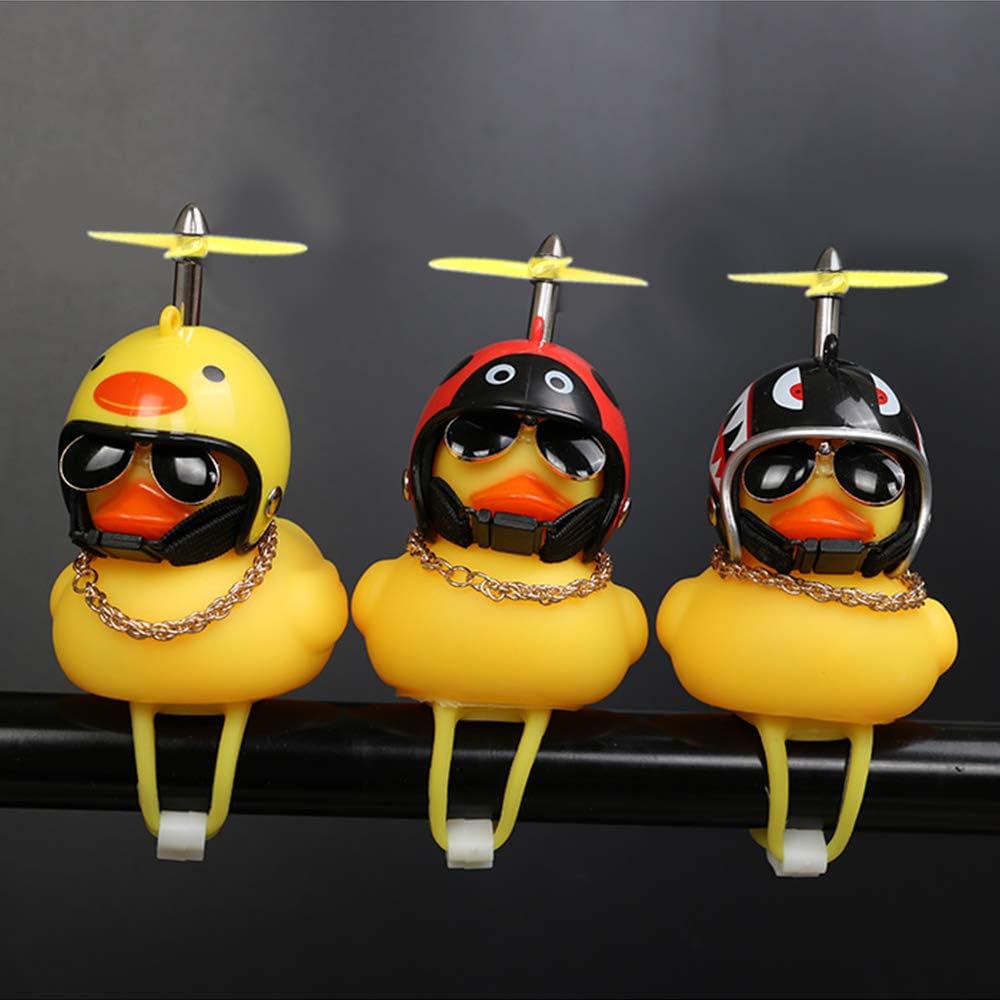 Rubber Duck Toy Car Ornaments Yellow Duck Car Dashboard Decorations Squeeze Duck Bicycle Horns with Propeller Helmet
