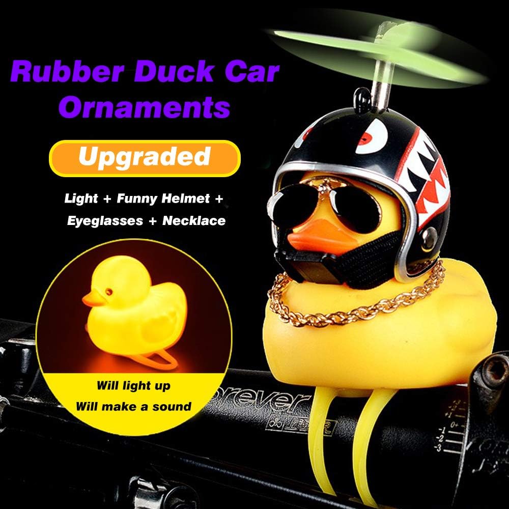 Rubber Duck Toy Car Ornaments Yellow Duck Car Dashboard Decorations Squeeze Duck Bicycle Horns with Propeller Helmet