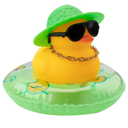 Car Rubber Duck, Yellow Duck Decoration Dashboard with Sun Hat Swim Ring Necklace Sunglasses for Car Dashboard Decorations