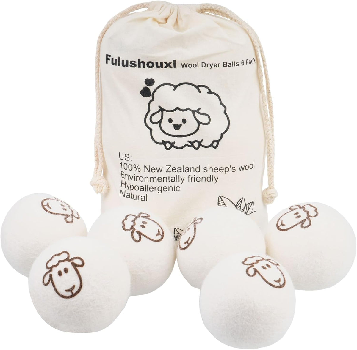 Wool Dryer Balls, Set of 6 with Storage Bag