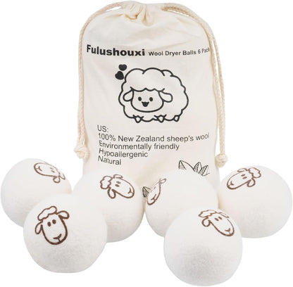 Wool Dryer Balls, Set of 6 with Storage Bag