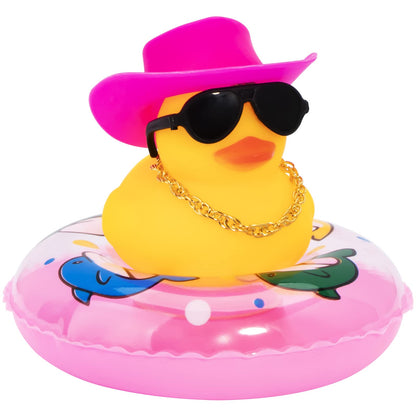 Car Rubber Duck, Yellow Duck Decoration Dashboard with Sun Hat Swim Ring Necklace Sunglasses for Car Dashboard Decorations