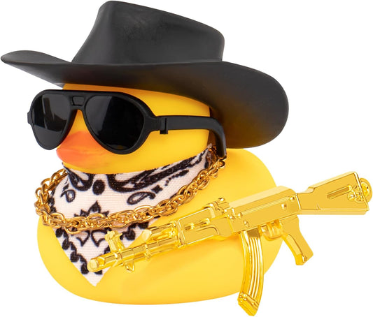 Rubber Duck Car Ornaments Duck Car Dashboard Decorations for Cool Car Accessories with Cowboy Hat Necklace and Sunglasses, A_Black Cowboy hat