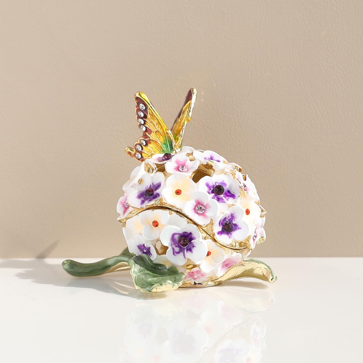 Hydrangea & Butterfly Enamel Jewelry Box