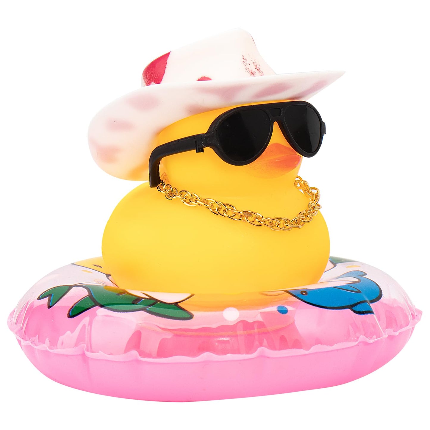 Car Rubber Duck, Yellow Duck Decoration Dashboard with Sun Hat Swim Ring Necklace Sunglasses for Car Dashboard Decorations