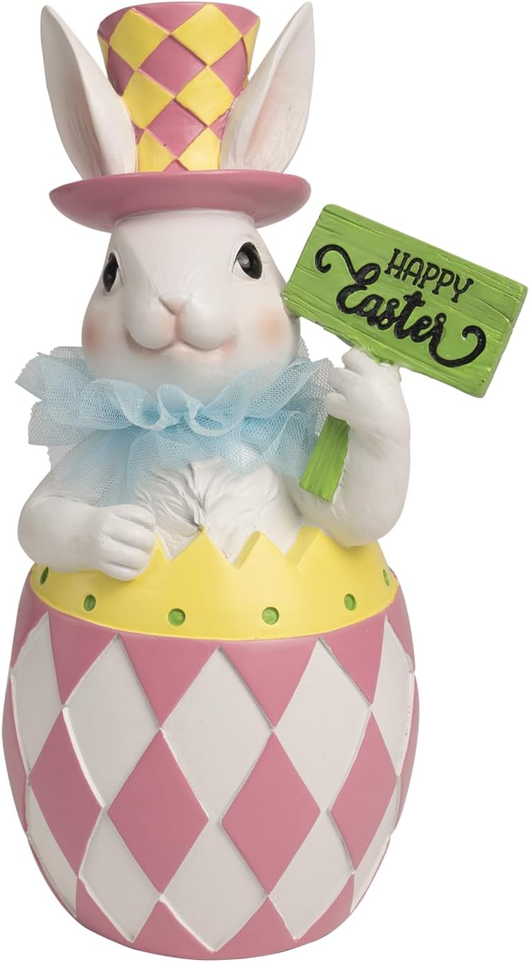Easter Pink Plaid Bunny Egg Statue - 10.4" Resin Table Centerpiece