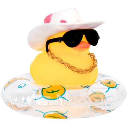 Car Rubber Duck, Yellow Duck Decoration Dashboard with Sun Hat Swim Ring Necklace Sunglasses for Car Dashboard Decorations