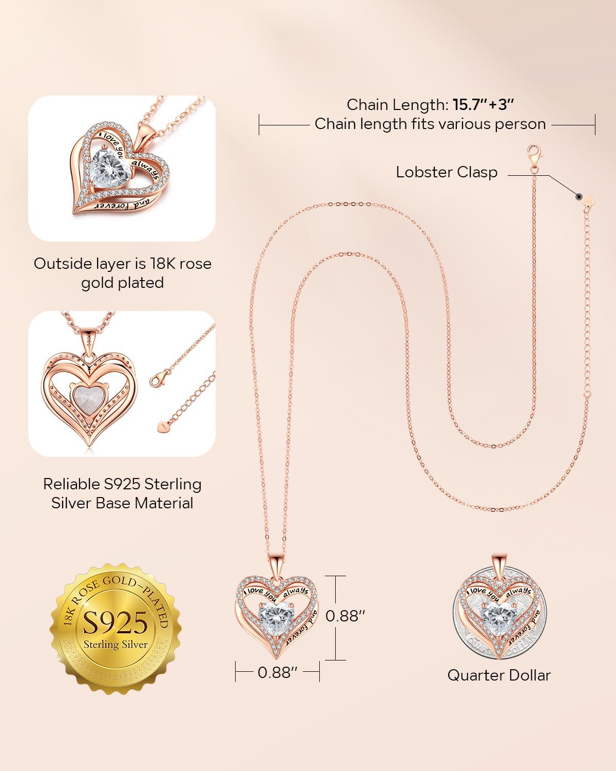 925 Silver Heart Love Necklace Women, Wife Anniversary Jewelry Gift for Her