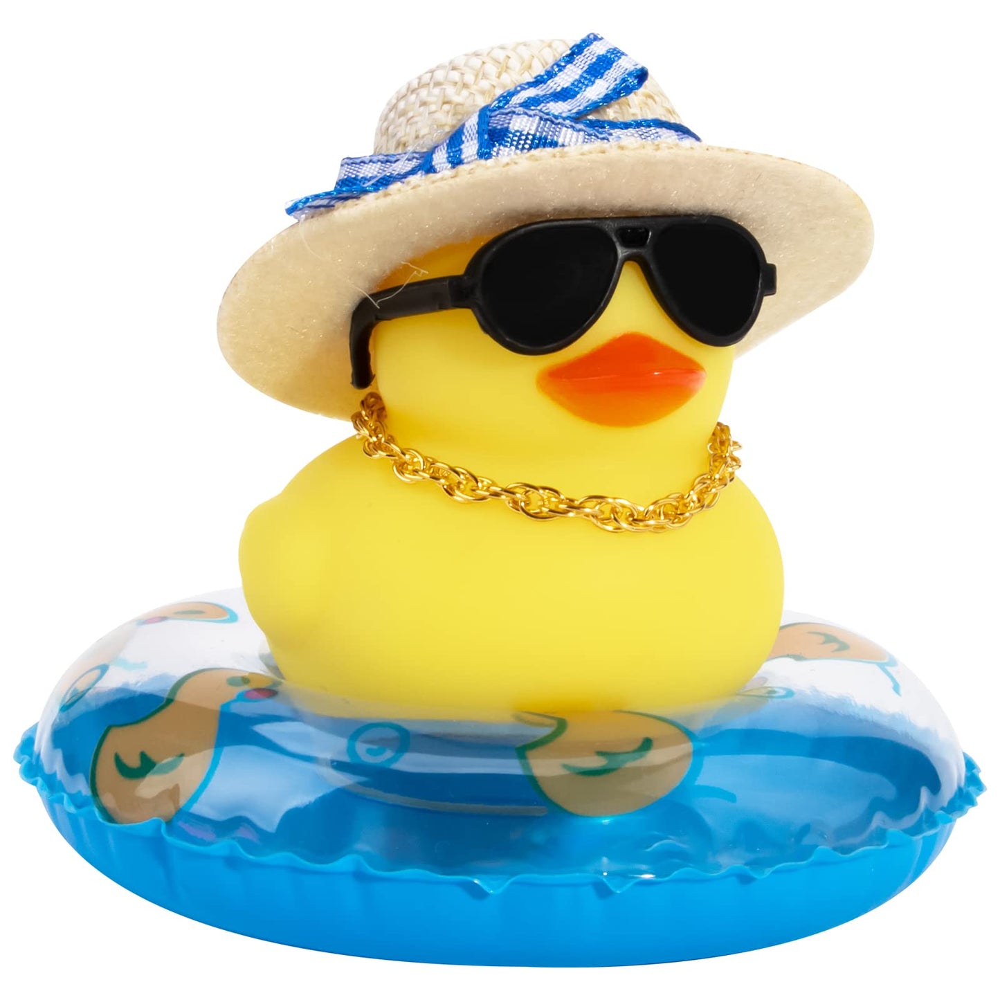 Car Rubber Duck, Yellow Duck Decoration Dashboard with Sun Hat Swim Ring Necklace Sunglasses for Car Dashboard Decorations