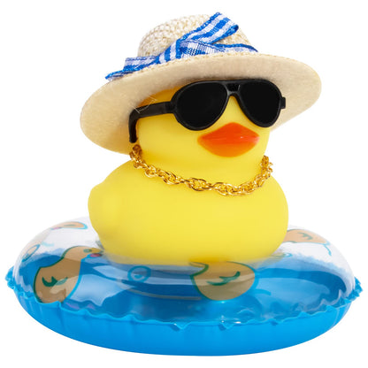 Car Rubber Duck, Yellow Duck Decoration Dashboard with Sun Hat Swim Ring Necklace Sunglasses for Car Dashboard Decorations