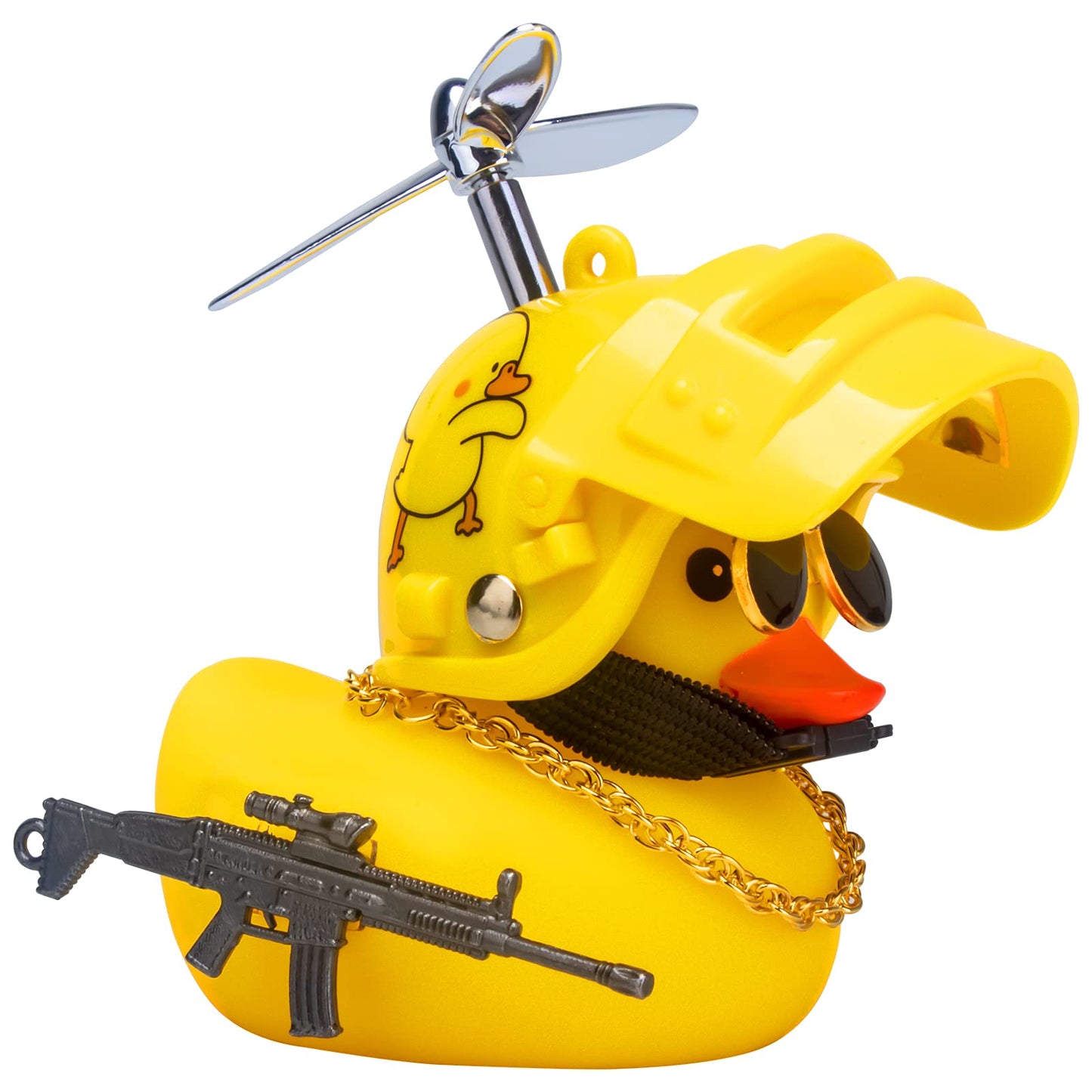 Rubber Duck Car Ornaments Cool Yellow Duck Car Dashboard Decorations Squeaky Glasses Duck with Propeller Helmet for Car ccessories Dashboard (Full_Black-Yellow G)