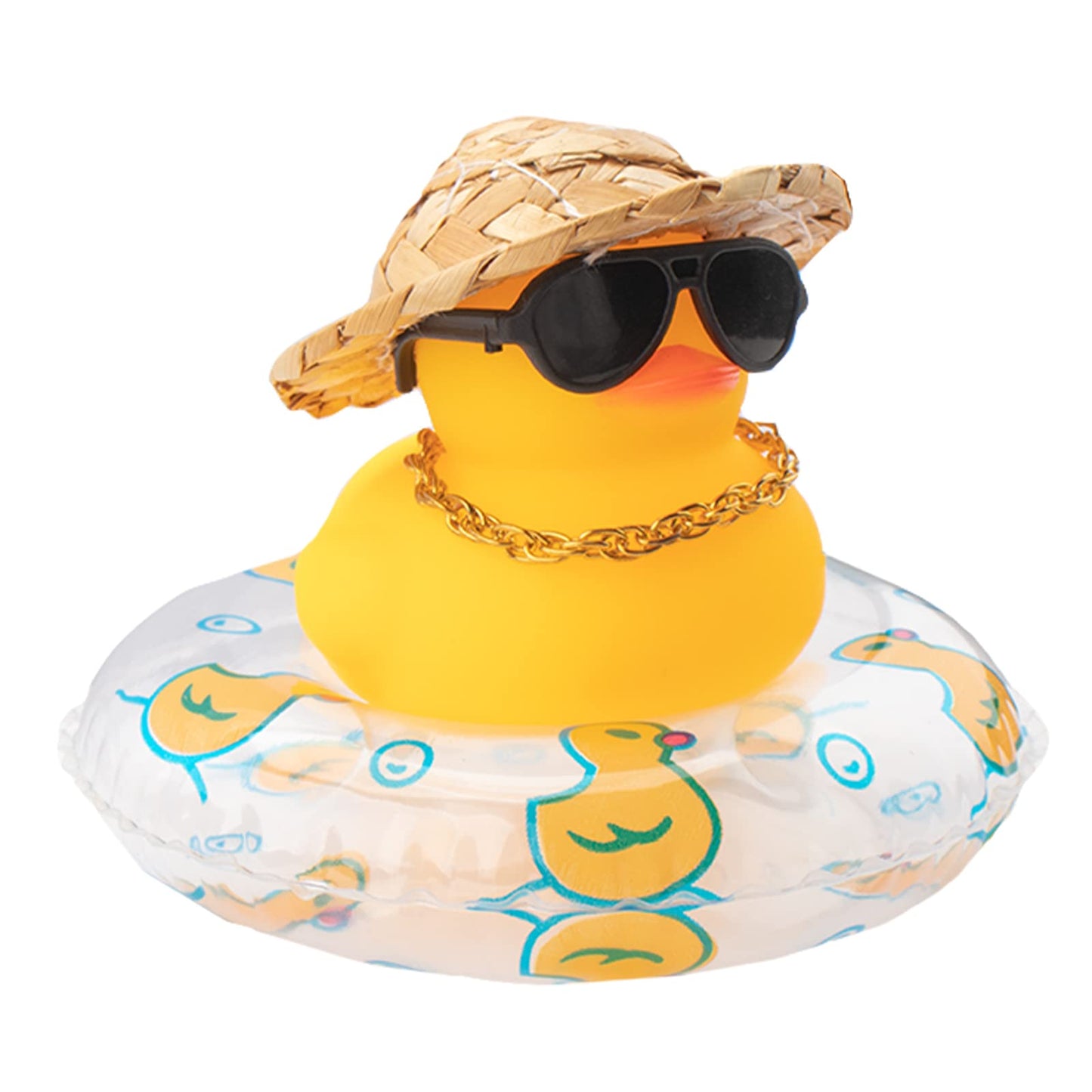 Car Rubber Duck, Yellow Duck Decoration Dashboard with Sun Hat Swim Ring Necklace Sunglasses for Car Dashboard Decorations