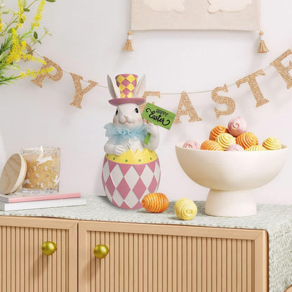 Easter Pink Plaid Bunny Egg Statue - 10.4" Resin Table Centerpiece