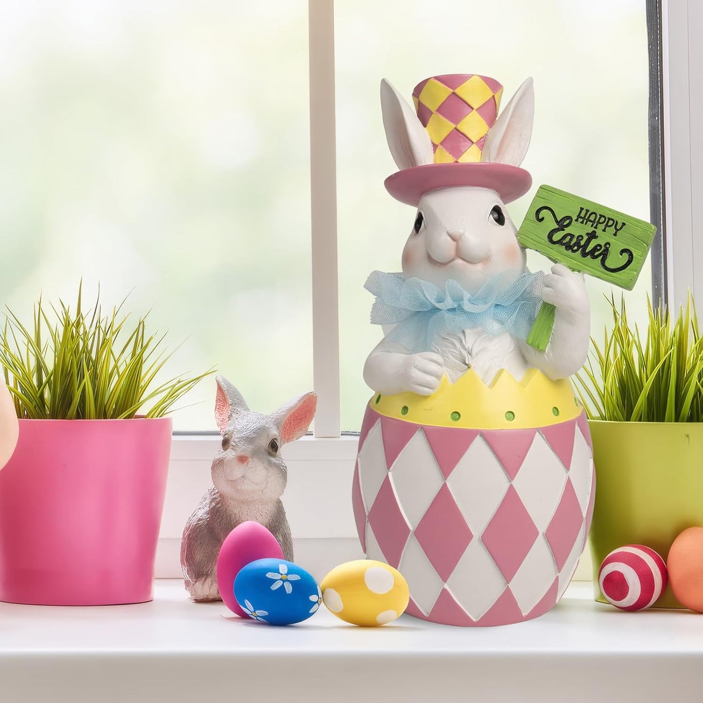 Easter Pink Plaid Bunny Egg Statue - 10.4" Resin Table Centerpiece