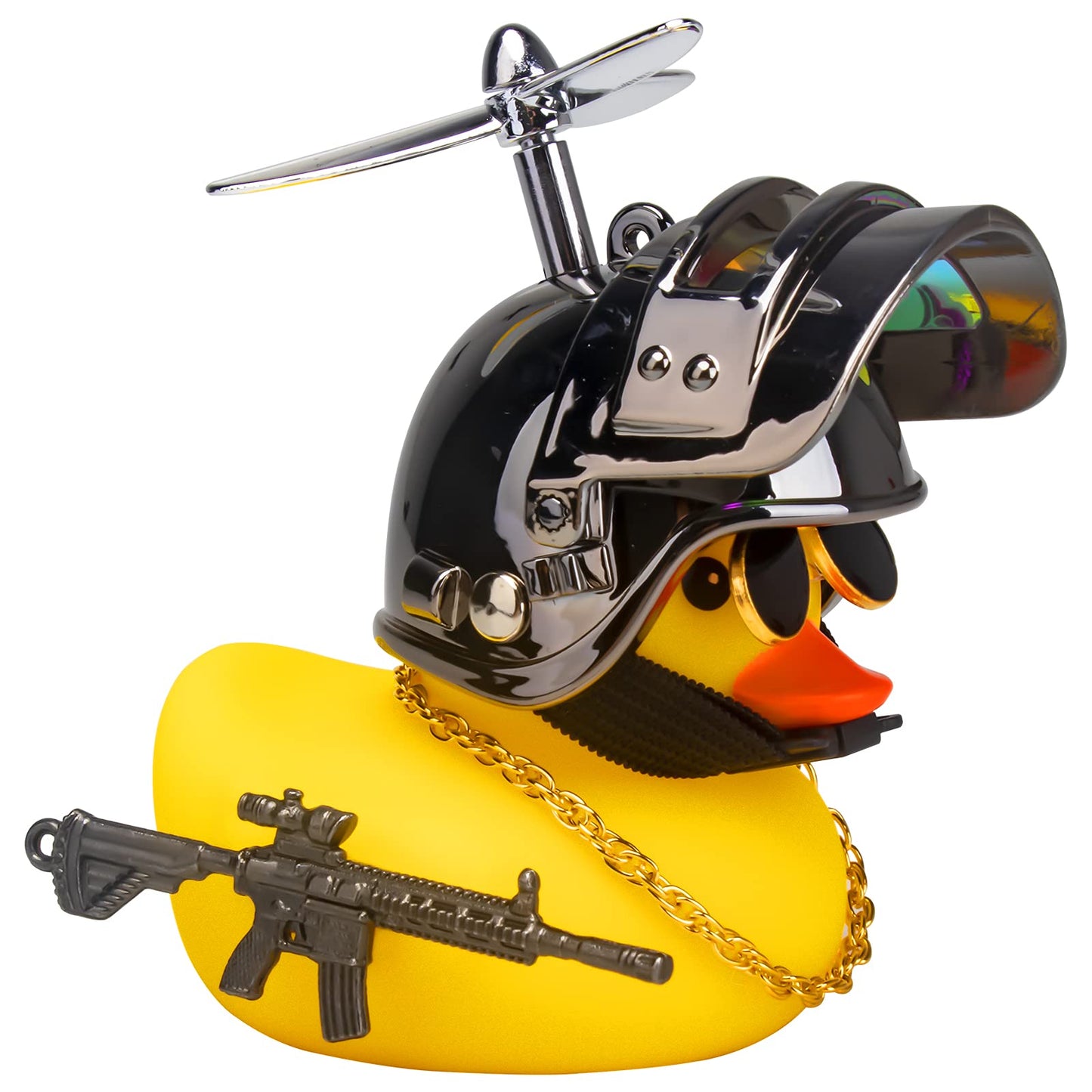 Rubber Duck Car Ornaments Cool Yellow Duck Car Dashboard Decorations Squeaky Glasses Duck with Propeller Helmet for Car ccessories Dashboard (Full_Black-Yellow G)