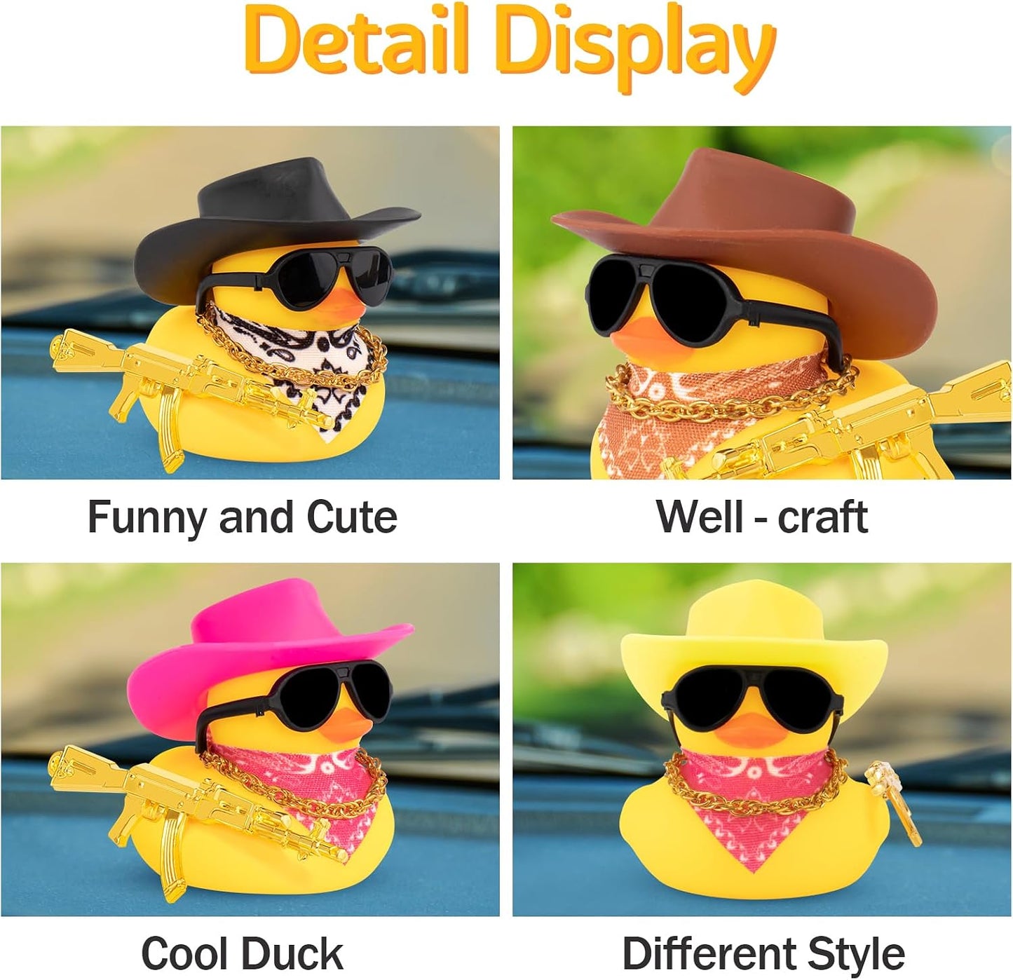 Rubber Duck Car Ornaments Duck Car Dashboard Decorations for Cool Car Accessories with Cowboy Hat Necklace and Sunglasses, A_Black Cowboy hat