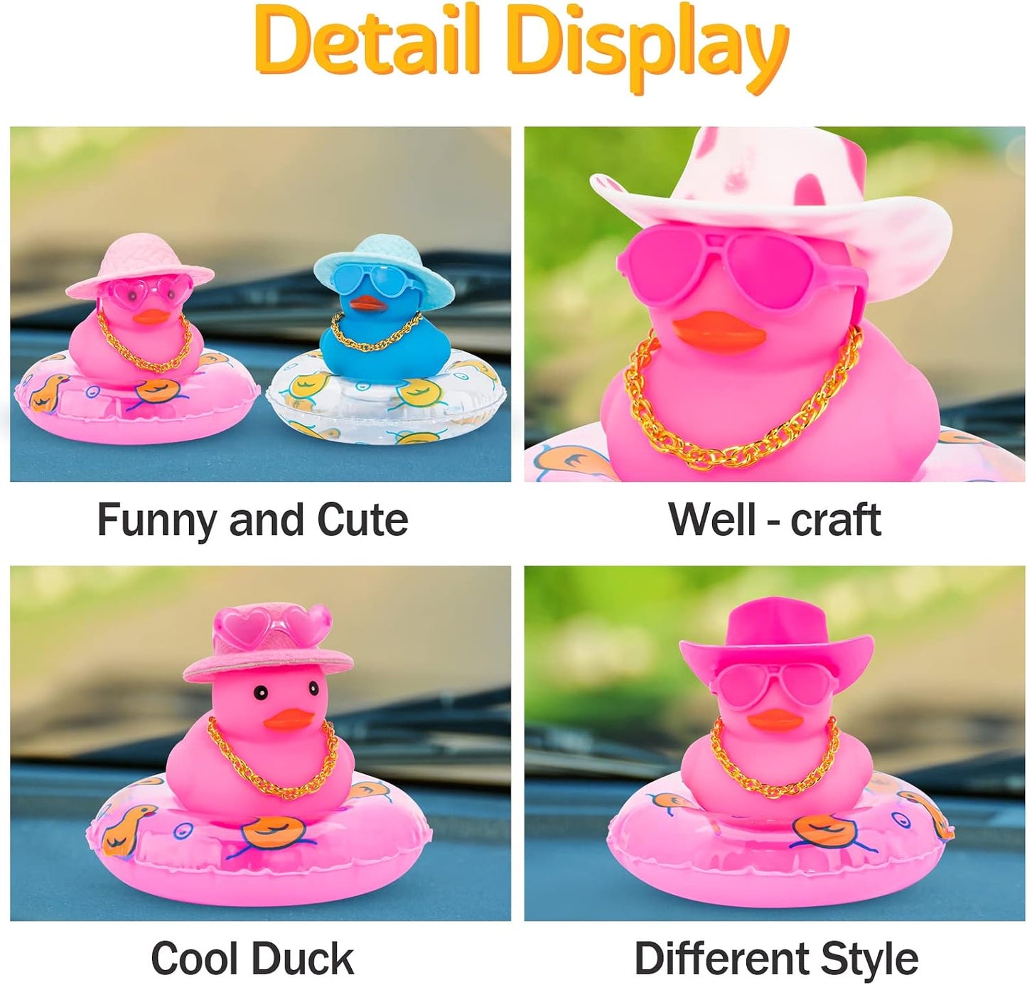 Pink Rubber Duck, Heart-Shaped Sunglasses Rubber Ducks for Cars, Funny and Cool as Car Ornament Gifts, Pink Cowboy Hat