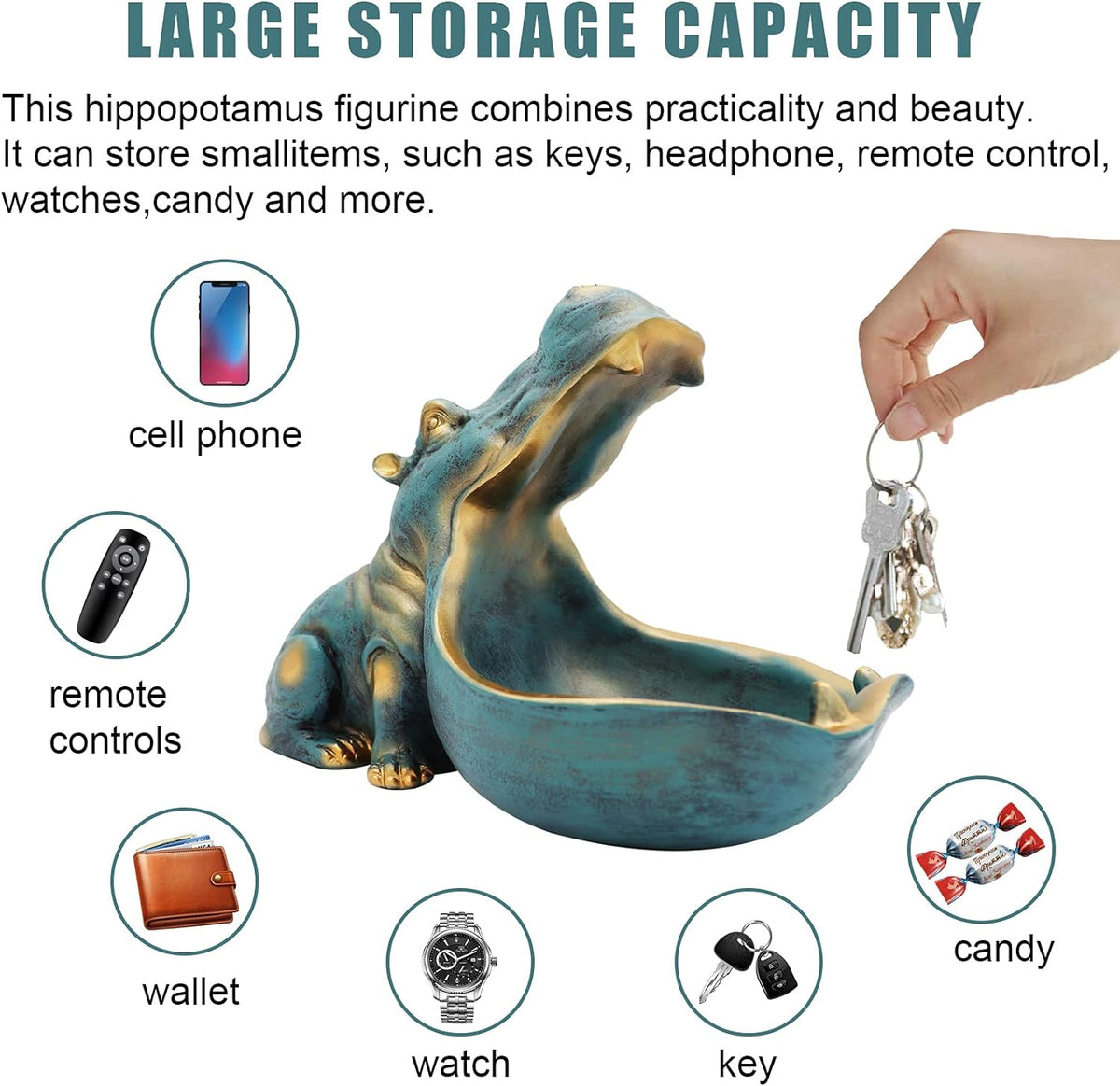 aboxoo Hippo Statue Candy Dish, Funny Storage Key Bowl for Table, Dark Blue