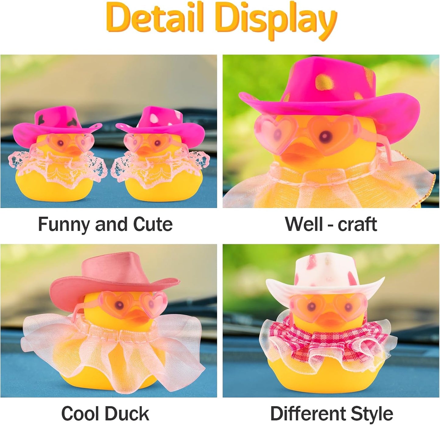 Rubber Duck Car Ornaments Duck Car Dashboard Decorations for Cute Car Accessories with Dress Heart Shape Sunglasses, Pink&Golden-Pink Gilt Skirt