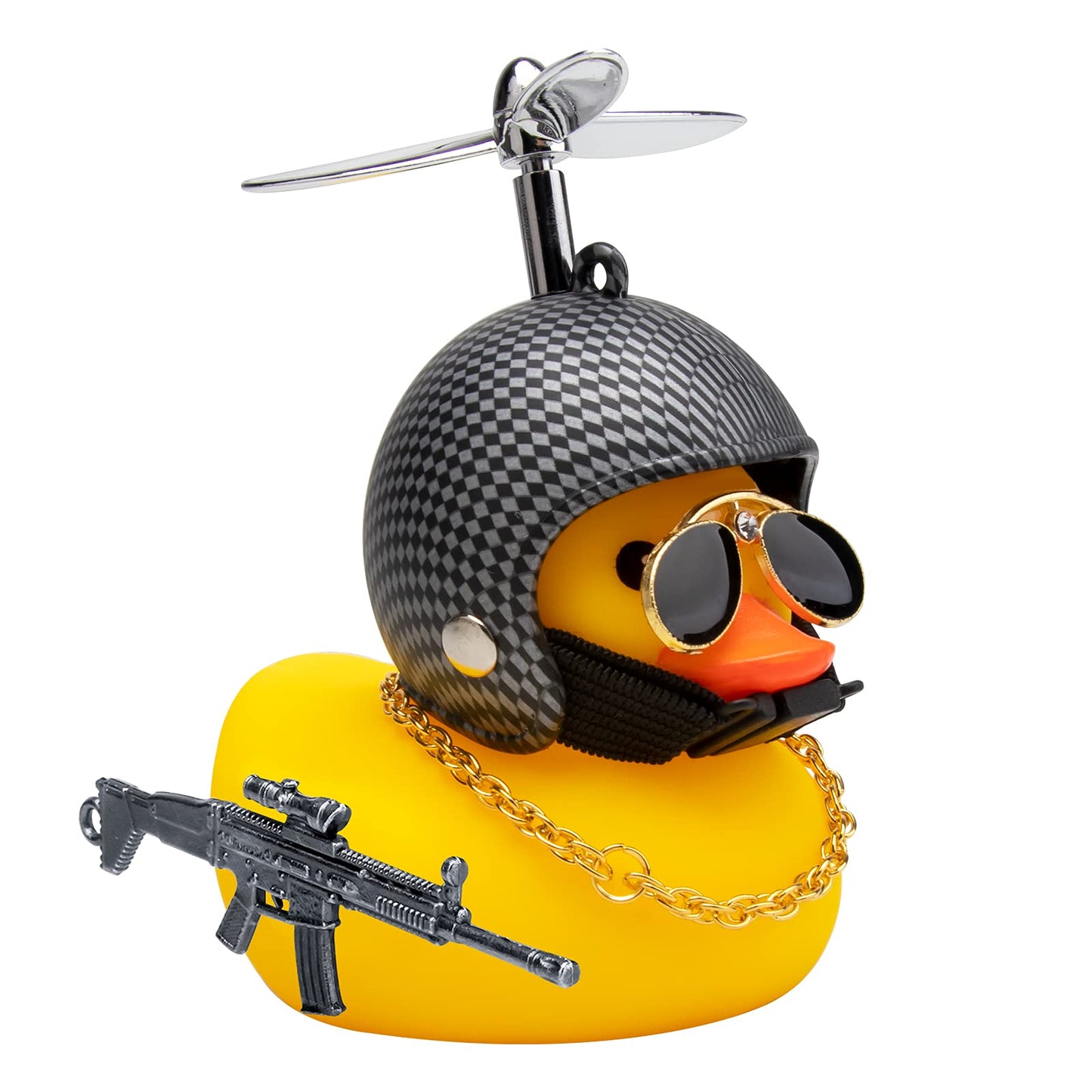 Rubber Duck Car Ornaments Cool Yellow Duck Car Dashboard Decorations Squeaky Glasses Duck with Propeller Helmet for Car ccessories Dashboard (Full_Black-Yellow G)