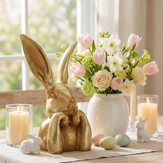Vintage Gold Resin Easter Bunny Statue Spring Table Centerpiece Home Decor Gift