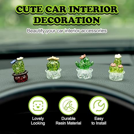 4PCS Crystal Cactus Decor - Cute Car Dashboard Ornaments for Home & Office