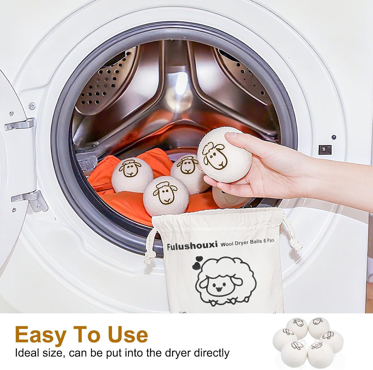 Wool Dryer Balls, Set of 6 with Storage Bag