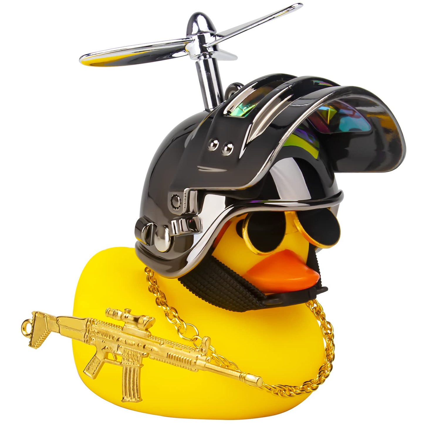 Rubber Duck Car Ornaments Cool Yellow Duck Car Dashboard Decorations Squeaky Glasses Duck with Propeller Helmet for Car ccessories Dashboard (Full_Black-Yellow G)