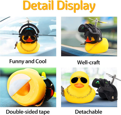 Rubber Duck Car Ornaments Cool Yellow Duck Car Dashboard Decorations Squeaky Glasses Duck with Propeller Helmet for Car ccessories Dashboard (Full_Black-Yellow G)