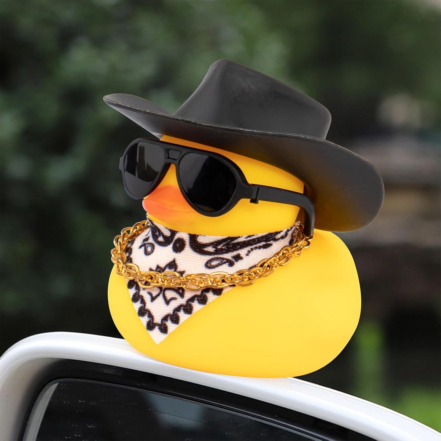 Car Rubber Duck, Yellow Duck Decoration Dashboard with Sun Hat Necklace Sunglasses for Car Dashboard Decorations, C-Duck-Black Cowboy Hat-Scarf